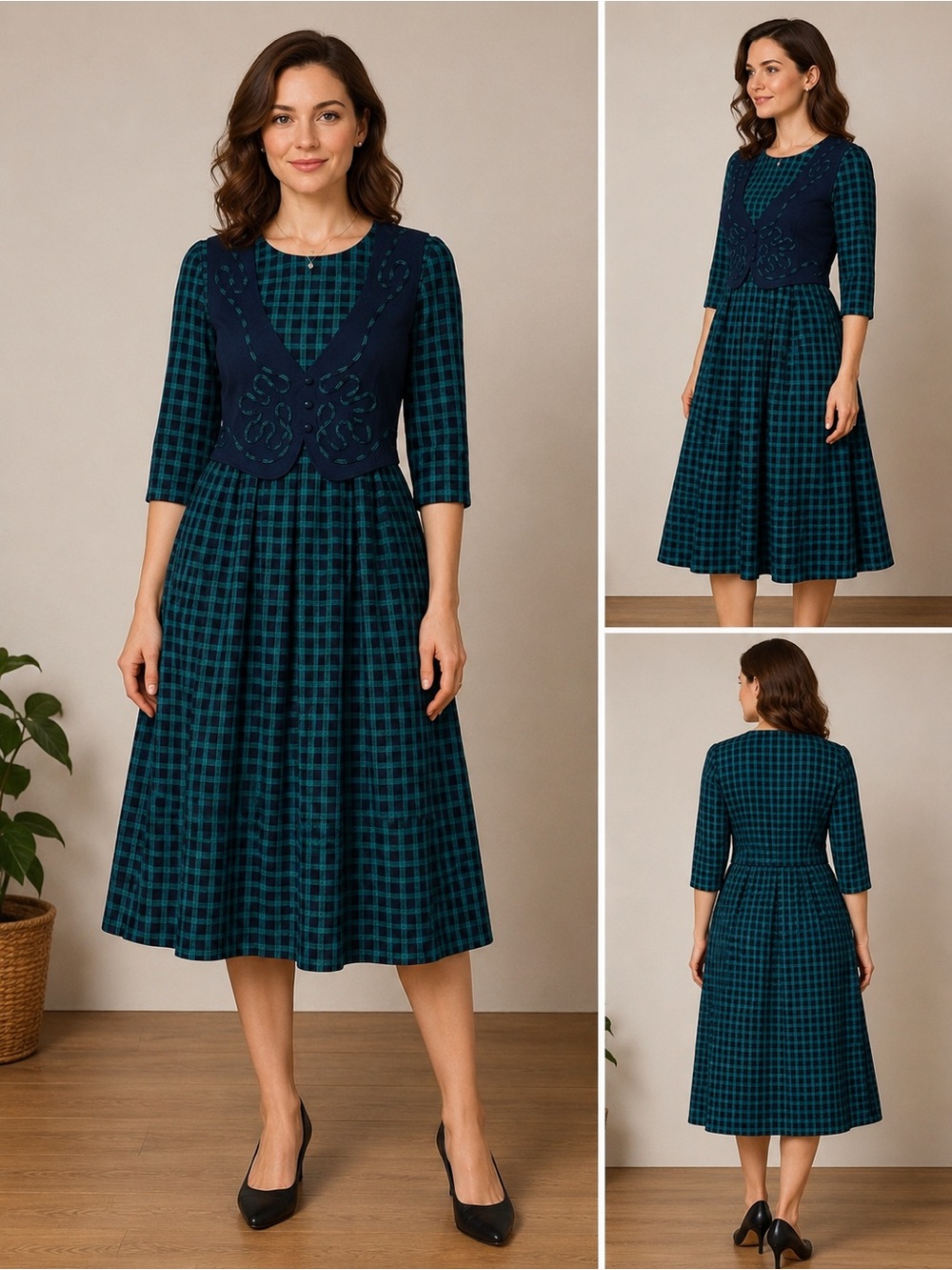 Vintage Miss Dorby size M-L  and Navy Checked Midi Dress with Navy Vest back tie